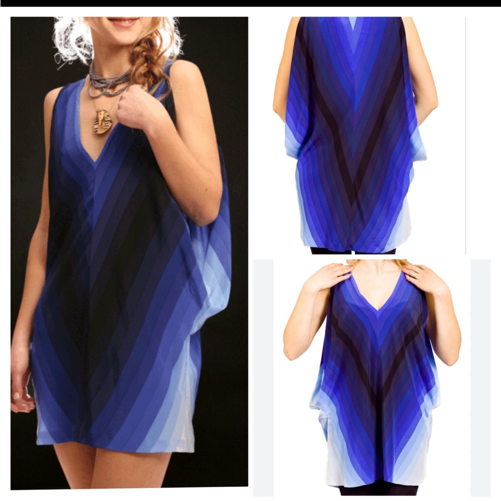BCBG Blue Striped Chevron Print Silk Cold-Shoulder Kimono Sleeve Tunic/dress EUC